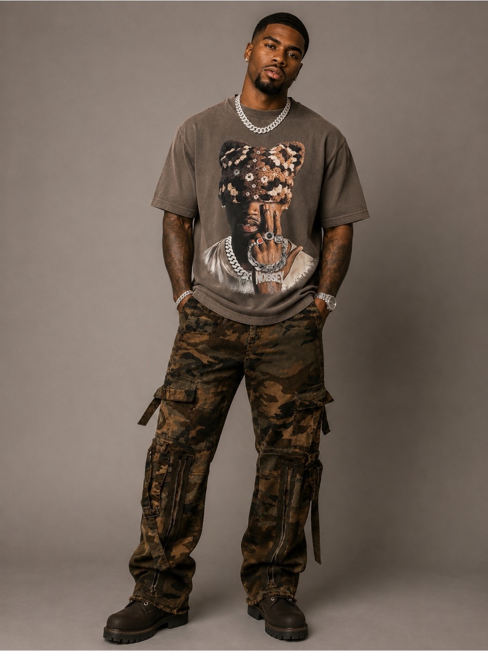 Men's Camo Cargo Pants - Brown Camo with the shirt. 2-piece set size small shirt